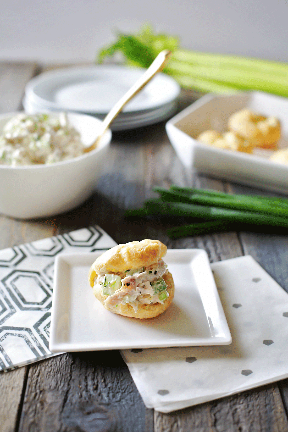 Delicious Chicken Salad served inside light and fluffy and crisp Cream Puffs by Flirting with Flavor. Easy and Yummy Chicken Salad sandwiches recipe.