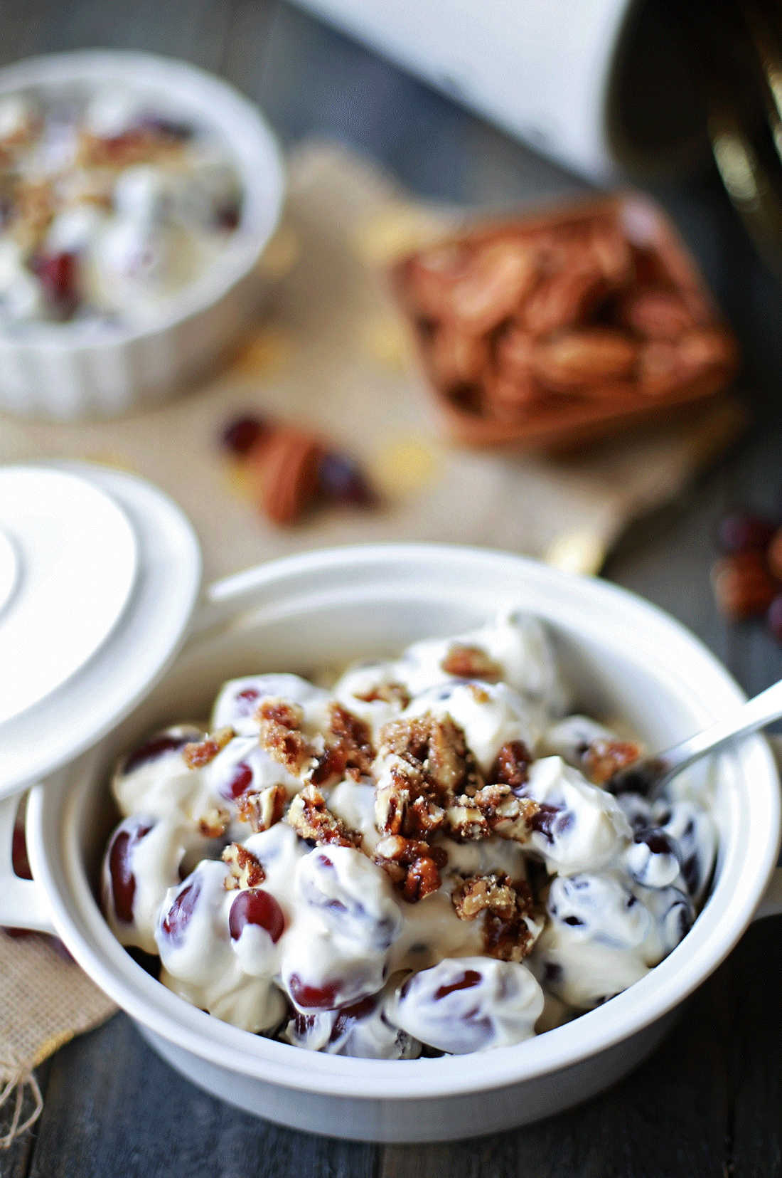 Grape Salad topped with Crunchy Candied Pecans Tangled with Taste