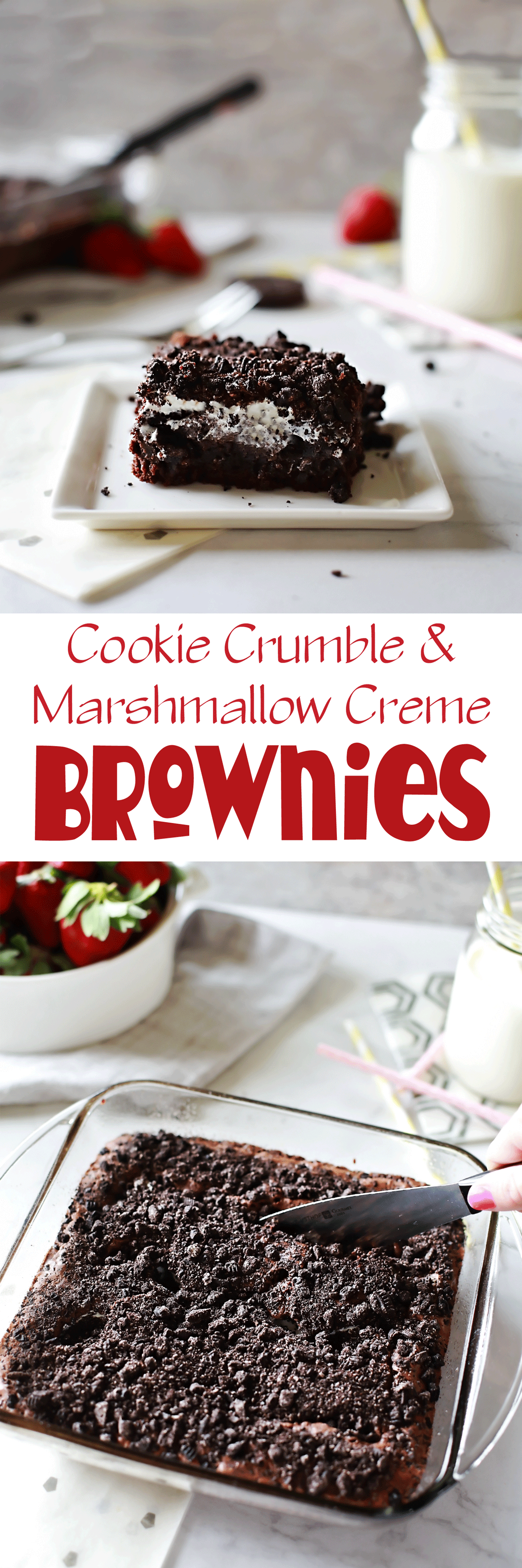 Easy and INCREDIBLE Cookie Crumble Marshmallow Cream Brownies recipe by Flirting with Flavor.