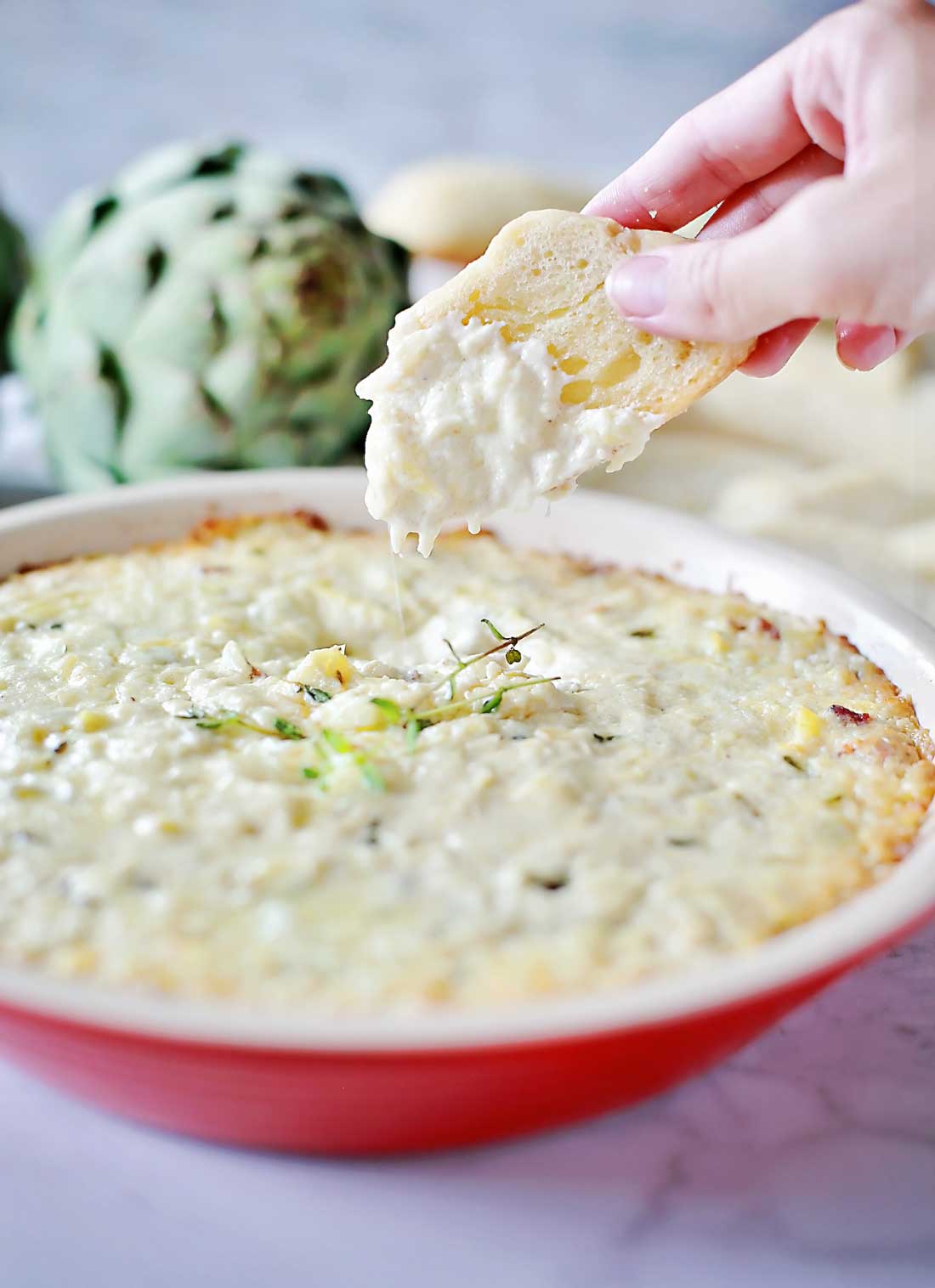 Hot artichoke dip with bacon and thyme!