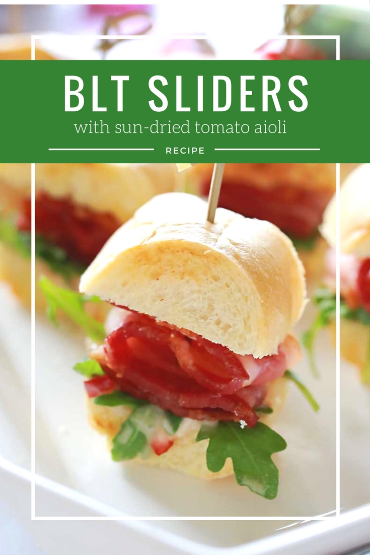 A classic BLT with added pizazz! Slider size rolls, slathered with home made sun dried tomato aioli, then topped with fresh arugula and thick-cut bacon.