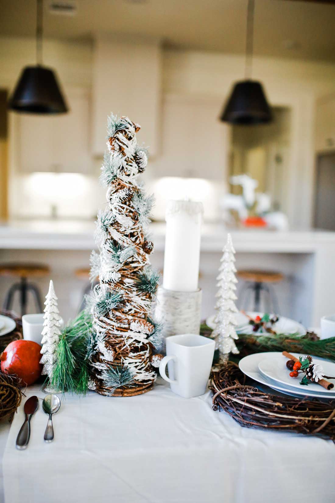 Woodlands Christmas with grapevine wreaths as plate chargers