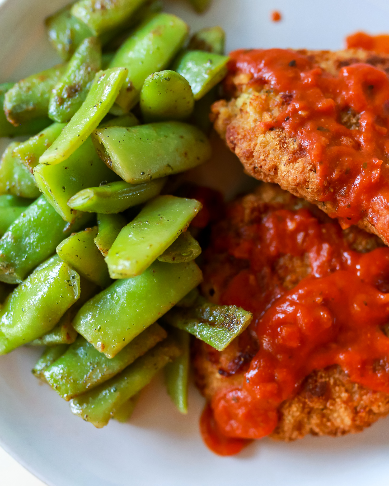 Crispy chicken pomodorr and the best flat Italian green beans!